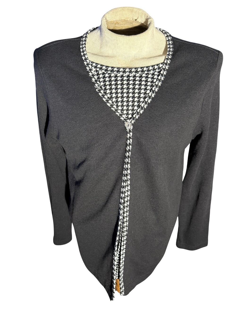 Vintage Teddi Women’s Cardigan Sweater L Black Houndstooth Trim NWT 80s Shoulder